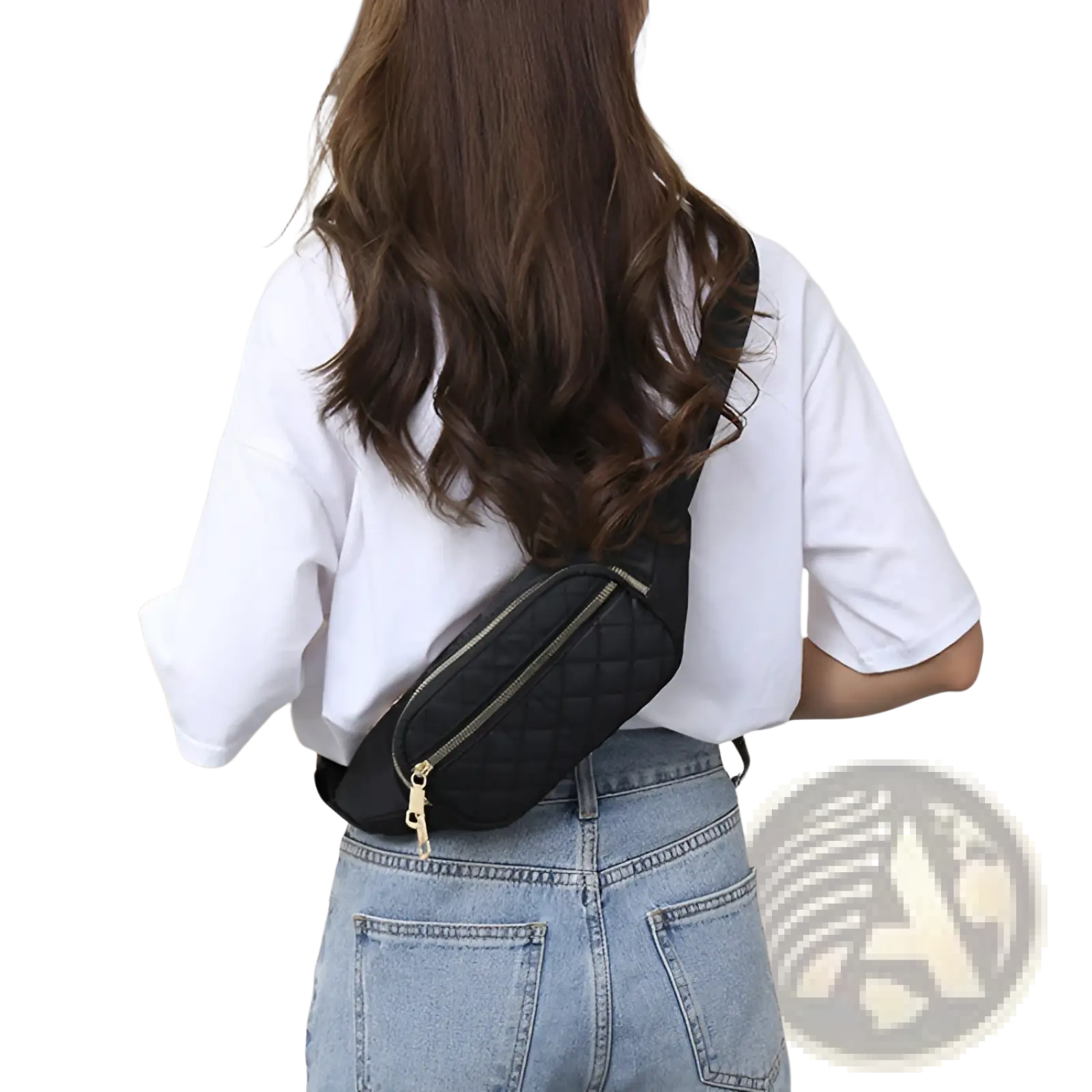 Black quilted crossbody fanny pack for women with gold-tone zipper and hardware ideal for sports use