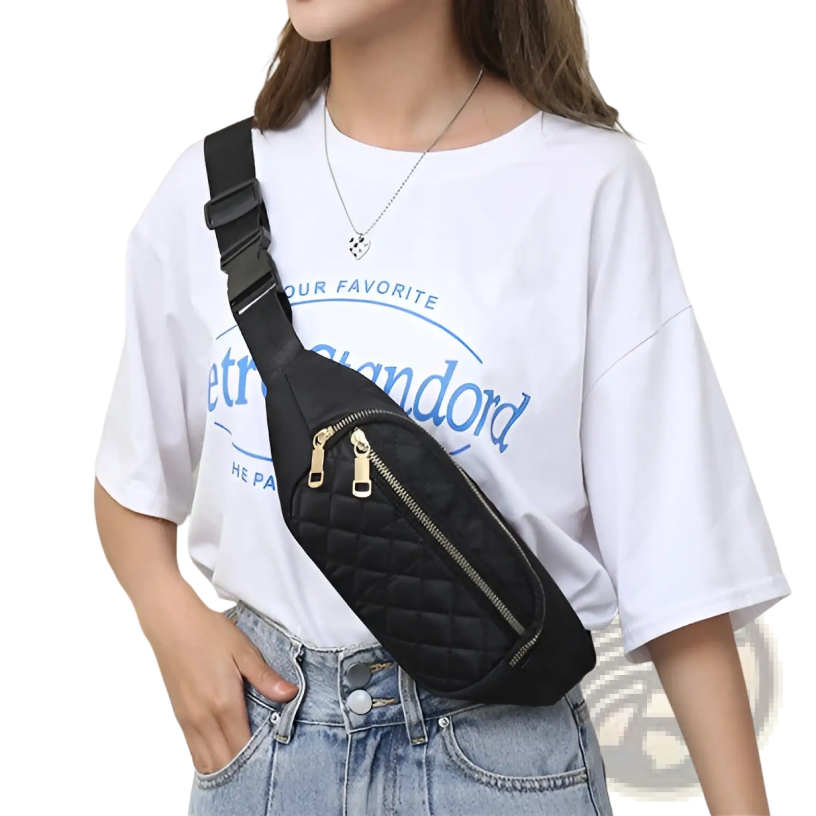 Black quilted crossbody fanny pack for women with gold-tone zippers and adjustable strap for sports use