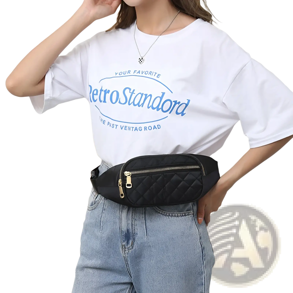 Black quilted nylon fanny pack for women with gold-tone zipper and hardware suitable for sports and crossbody use