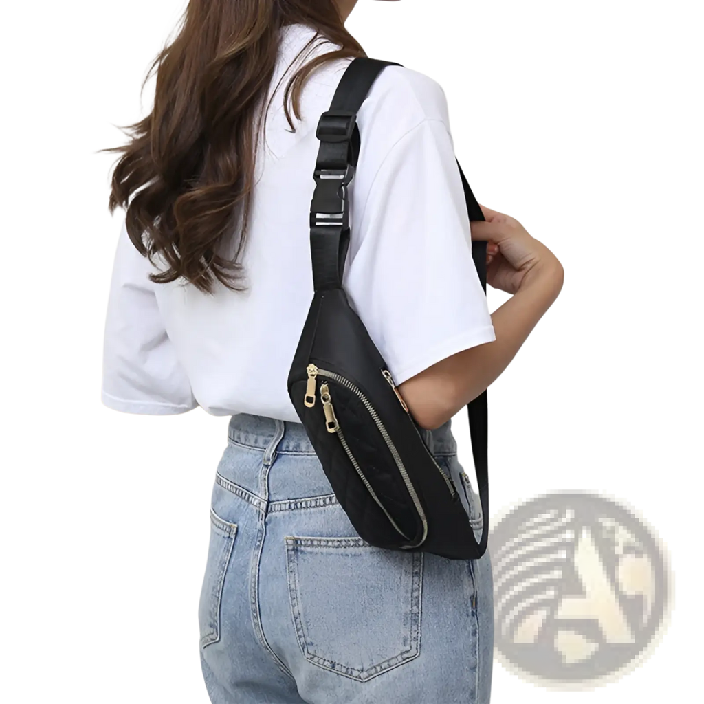 Black nylon quilted crossbody fanny pack for women with gold-tone zippers and adjustable strap for sports use