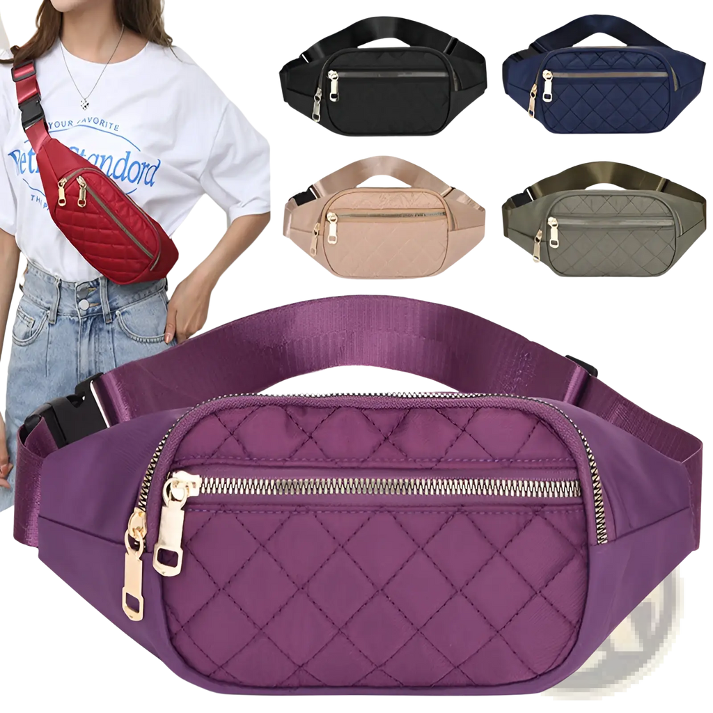 Purple quilted nylon waist bag with gold-tone zipper and hardware for women and sports use