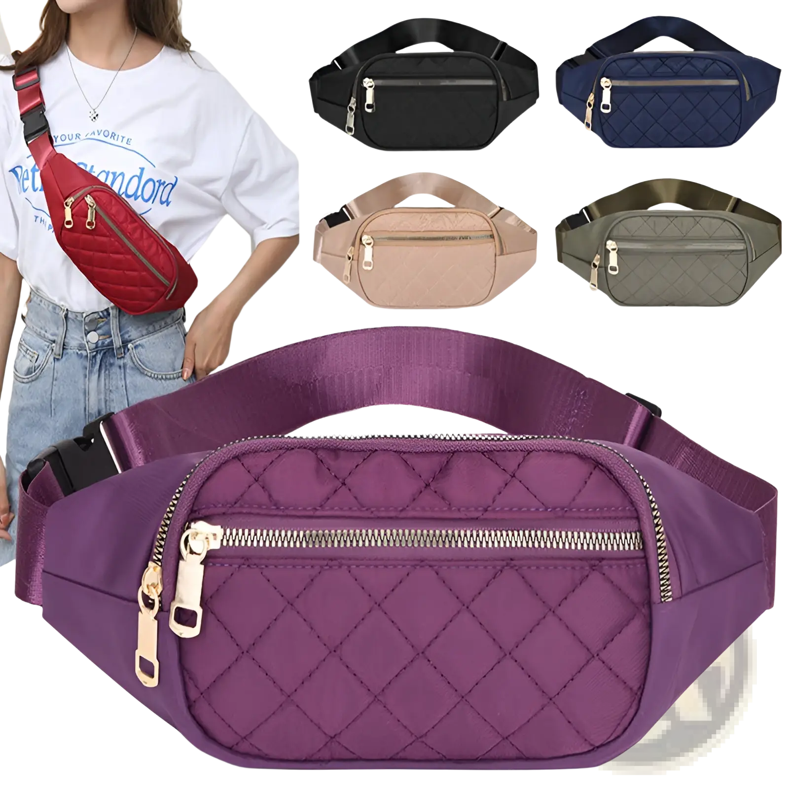 Purple quilted nylon waist bag with gold-tone zipper and hardware for women and sports use