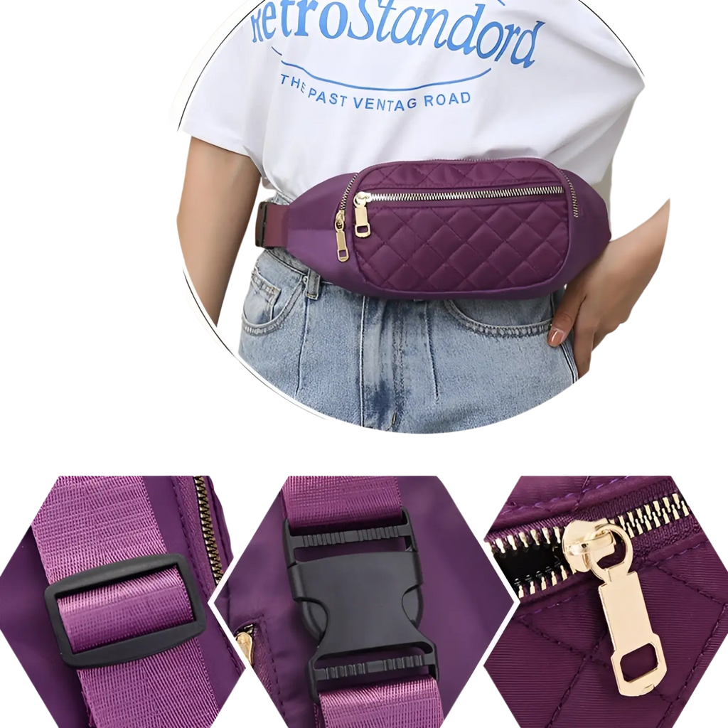 Purple quilted nylon crossbody fanny pack for women with gold-tone zippers and black plastic buckle for sports use