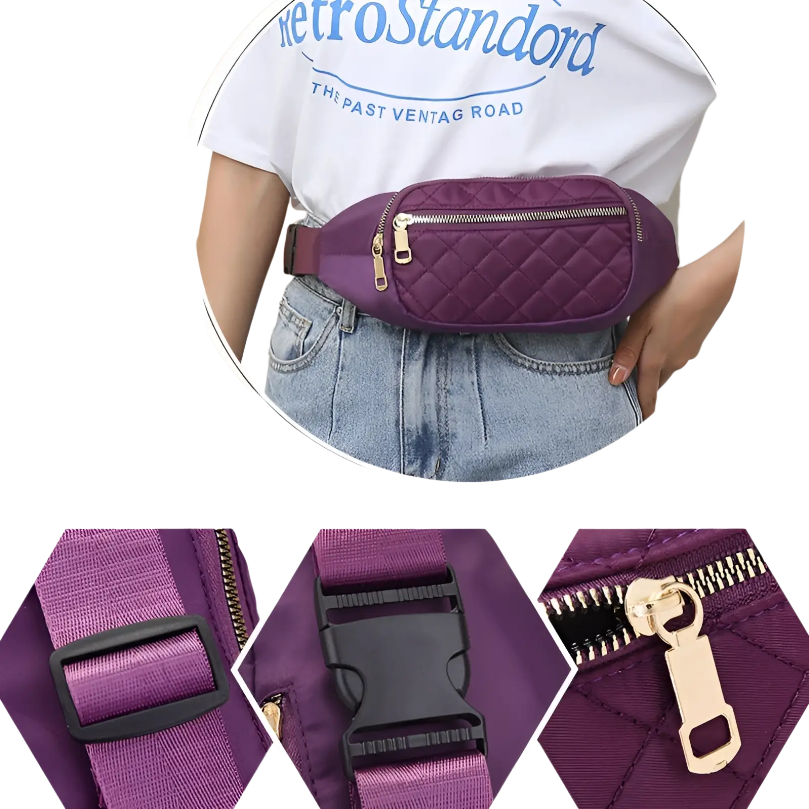 Purple quilted nylon crossbody fanny pack for women with gold-tone zippers and black plastic buckle for sports use