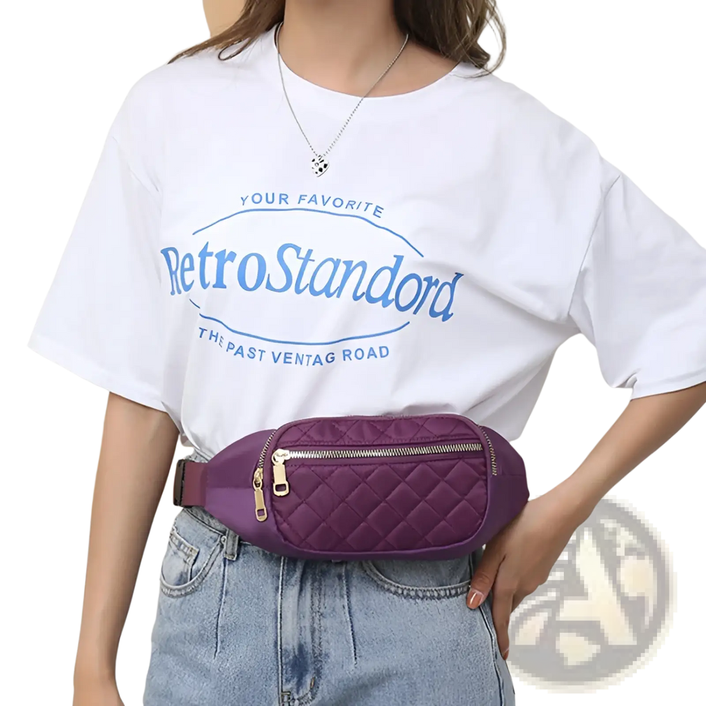 Purple quilted crossbody fanny pack for women with gold-tone zipper and buckle ideal for sports and casual use
