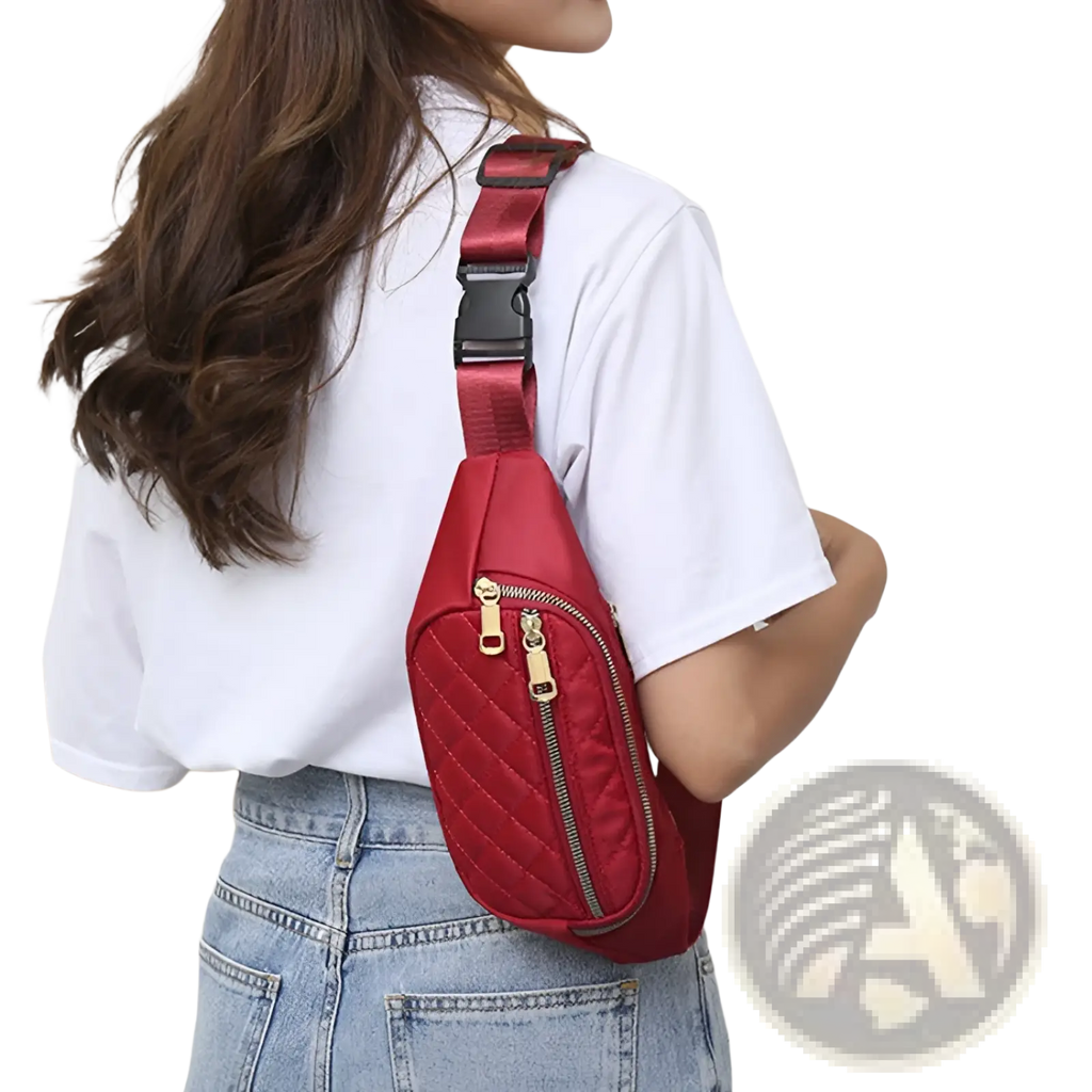 Red quilted nylon waist pack with gold-tone zippers and black plastic buckle strap for women and sports use