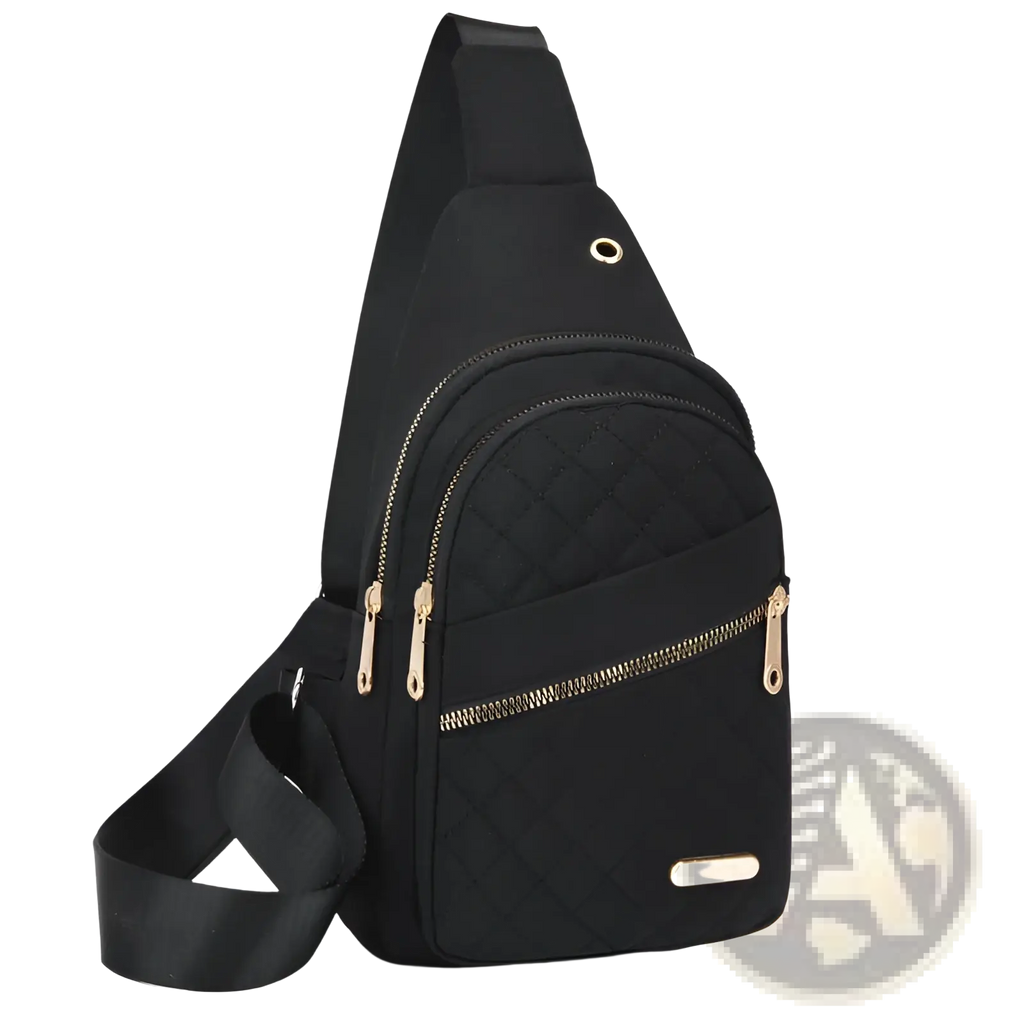 Black quilted crossbody slanted chest bag for women with gold-tone zippers and adjustable matching strap