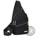 Black quilted crossbody slanted chest bag for women with gold-tone zippers and adjustable matching strap