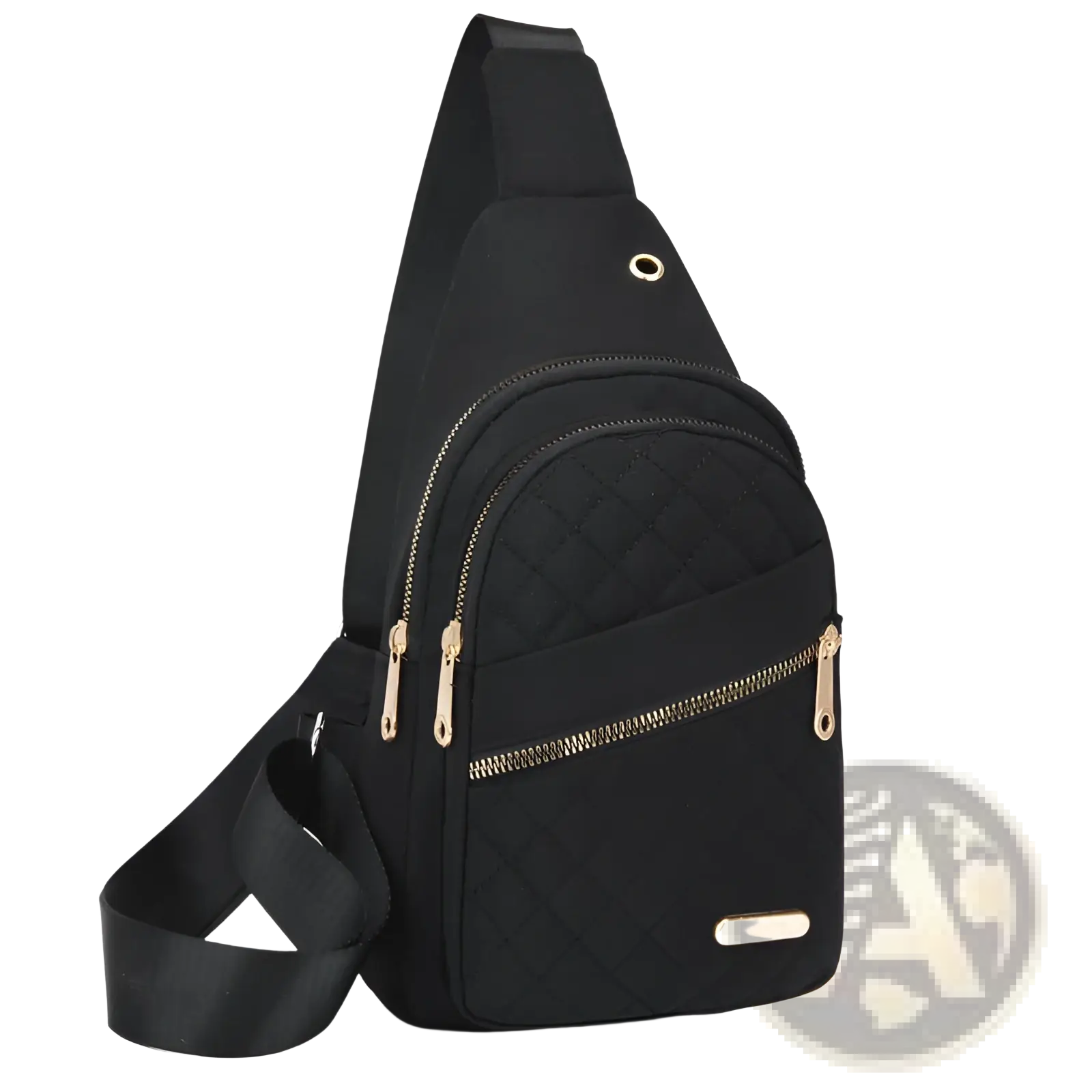 Black quilted crossbody slanted chest bag for women with gold-tone zippers and adjustable matching strap
