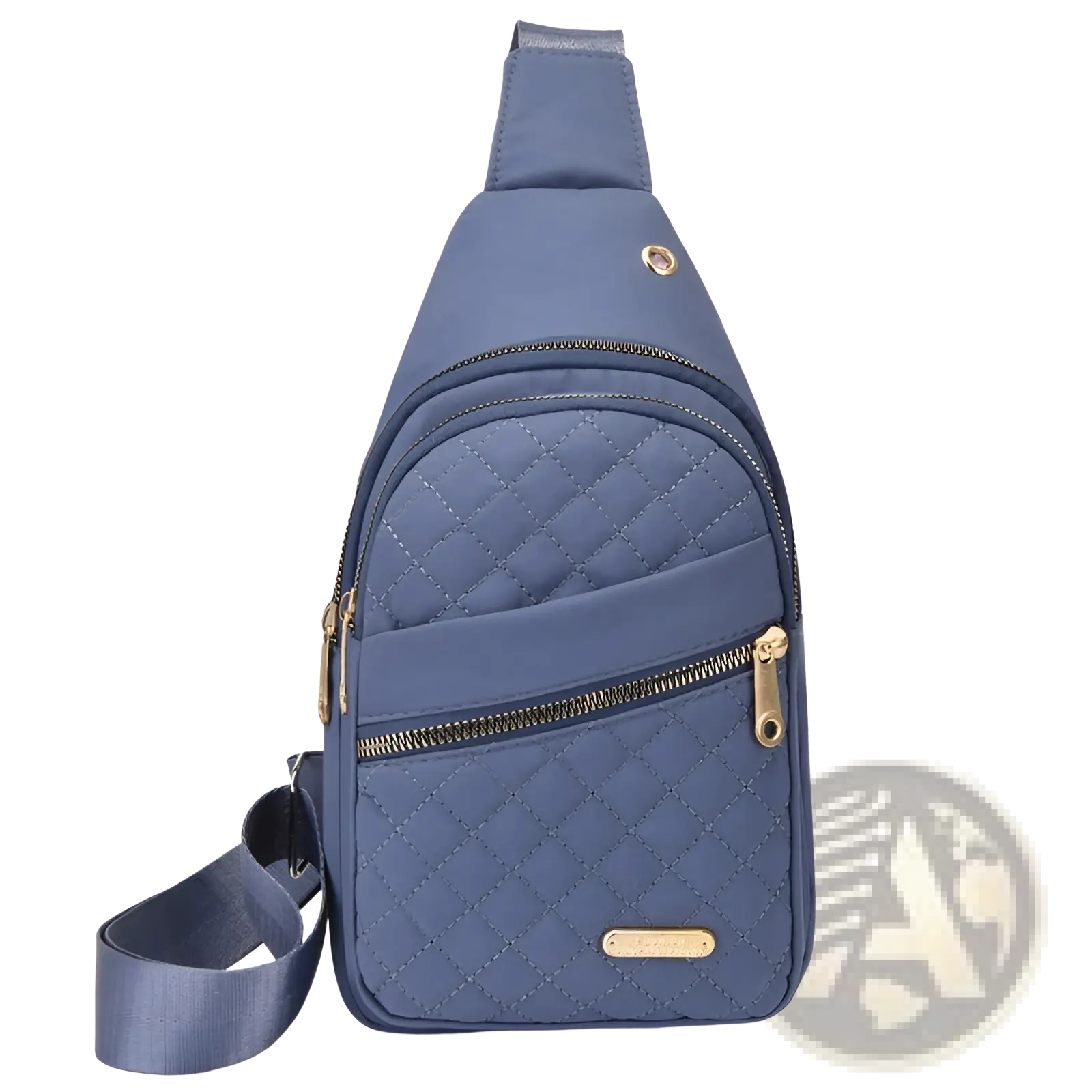 Blue quilted nylon crossbody slanted chest bag for women with gold-tone zippers and adjustable matching strap