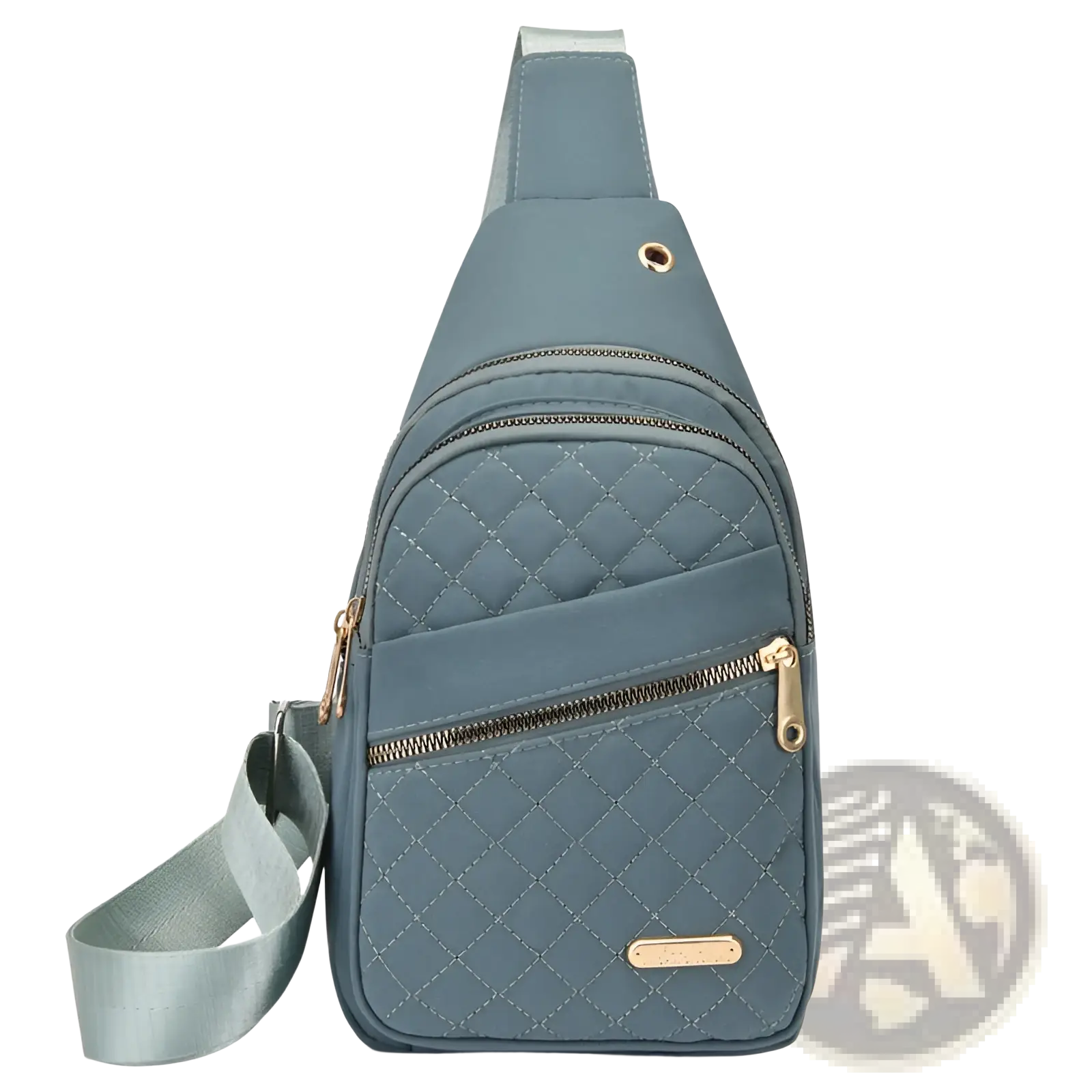 A sleek slate blue quilted crossbody bag with gold-tone zippers and adjustable strap for women