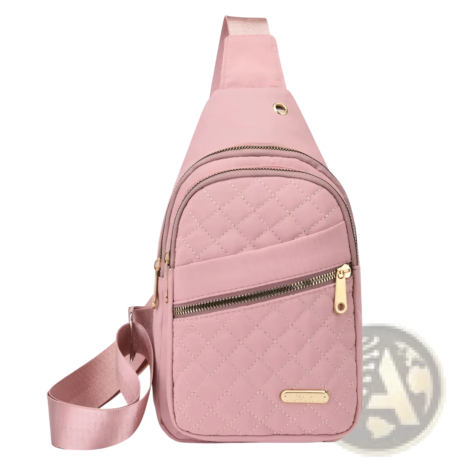 Pink quilted crossbody slanted chest bag for women with gold-tone zippers and adjustable matching strap