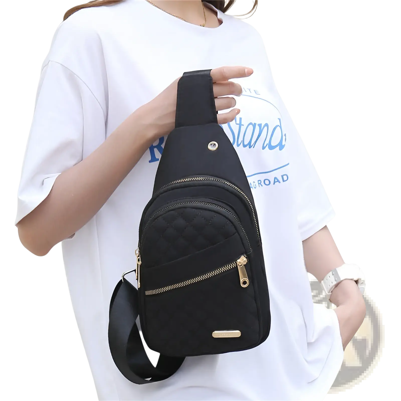 Black quilted nylon crossbody bag for women with gold-tone zippers and an adjustable matching strap