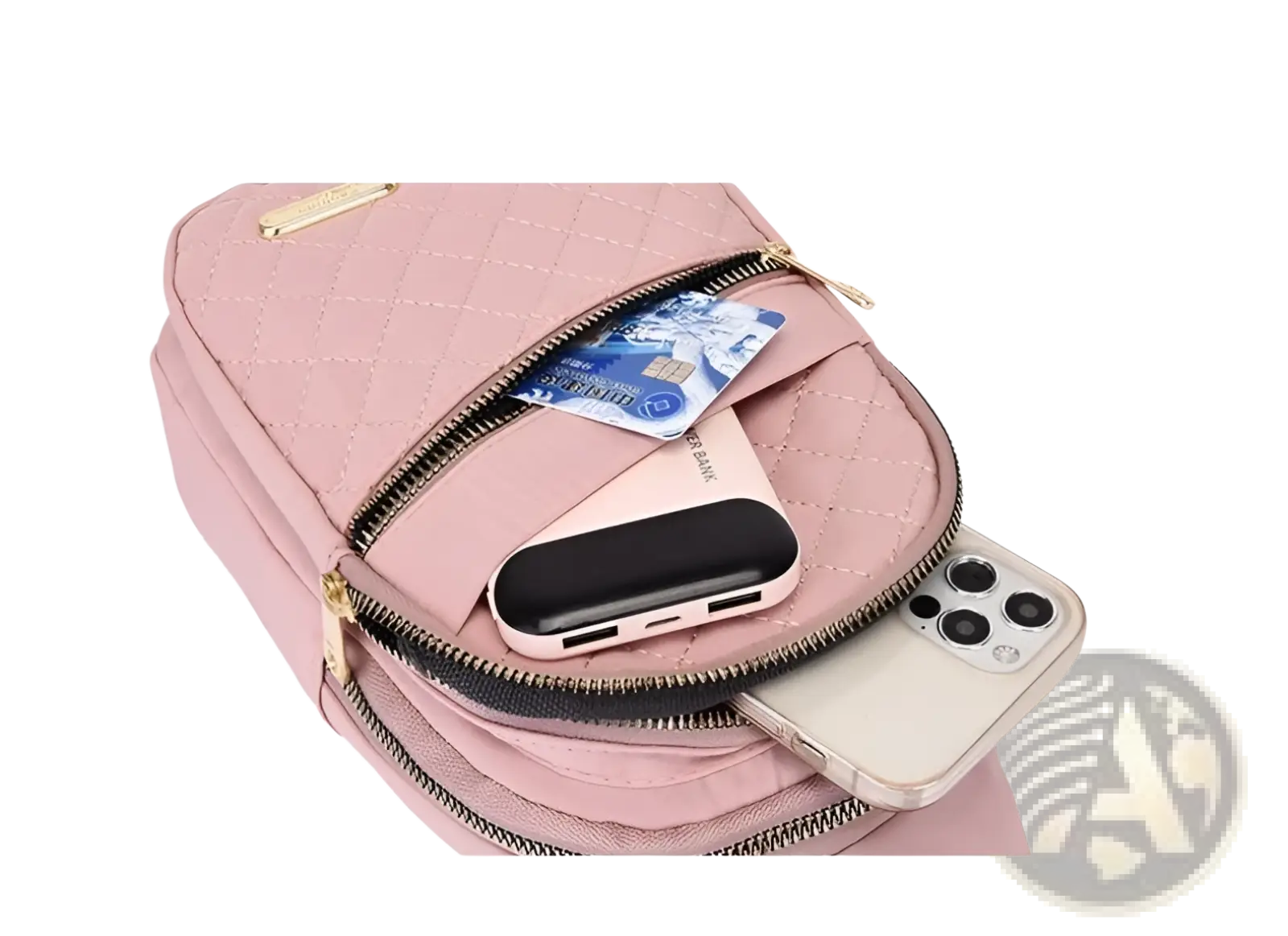 Pink quilted crossbody slanted chest bag for women with gold-tone zippers and front pocket holding phone and card