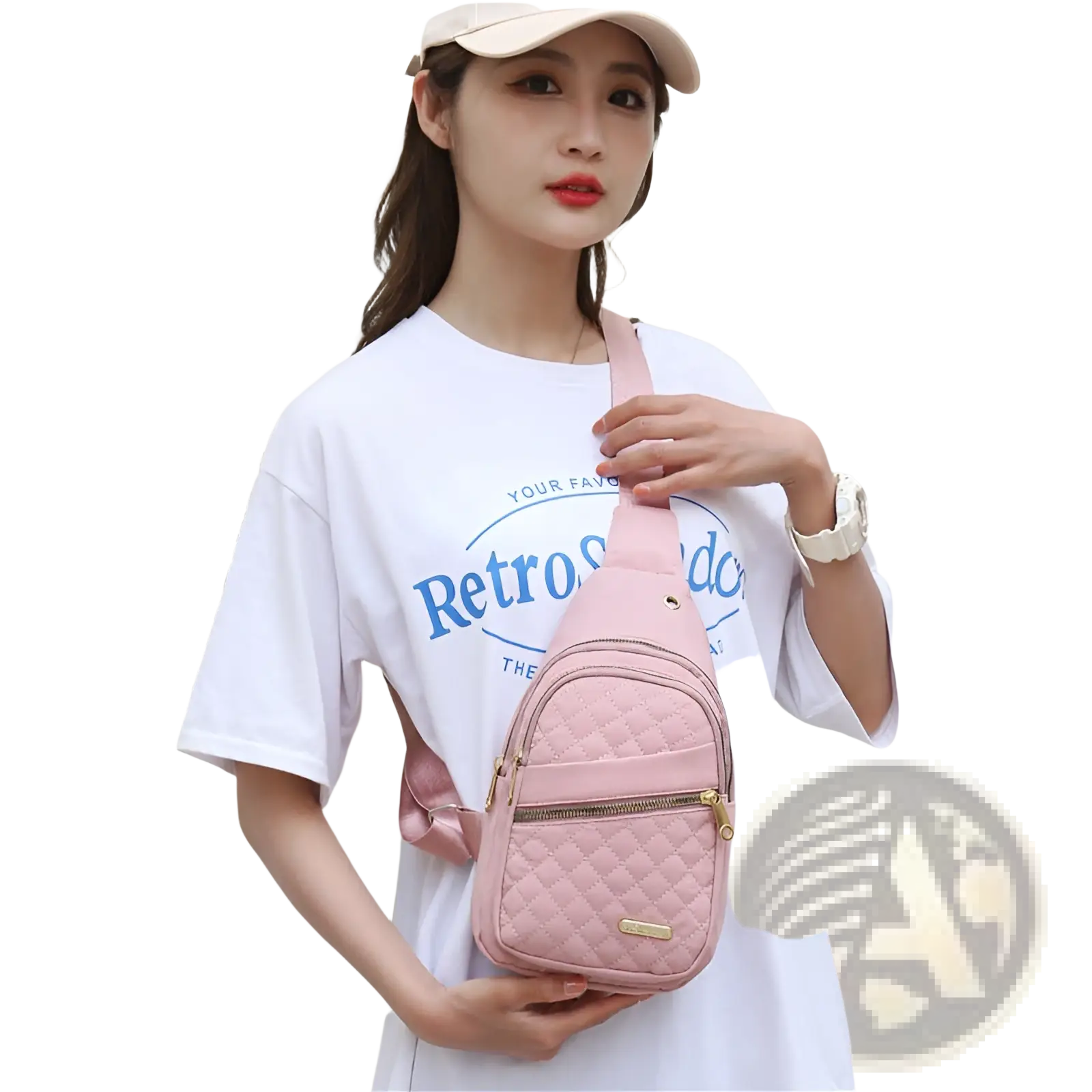 Pink quilted crossbody slanted chest bag for women with gold-tone zipper and hardware in leather material