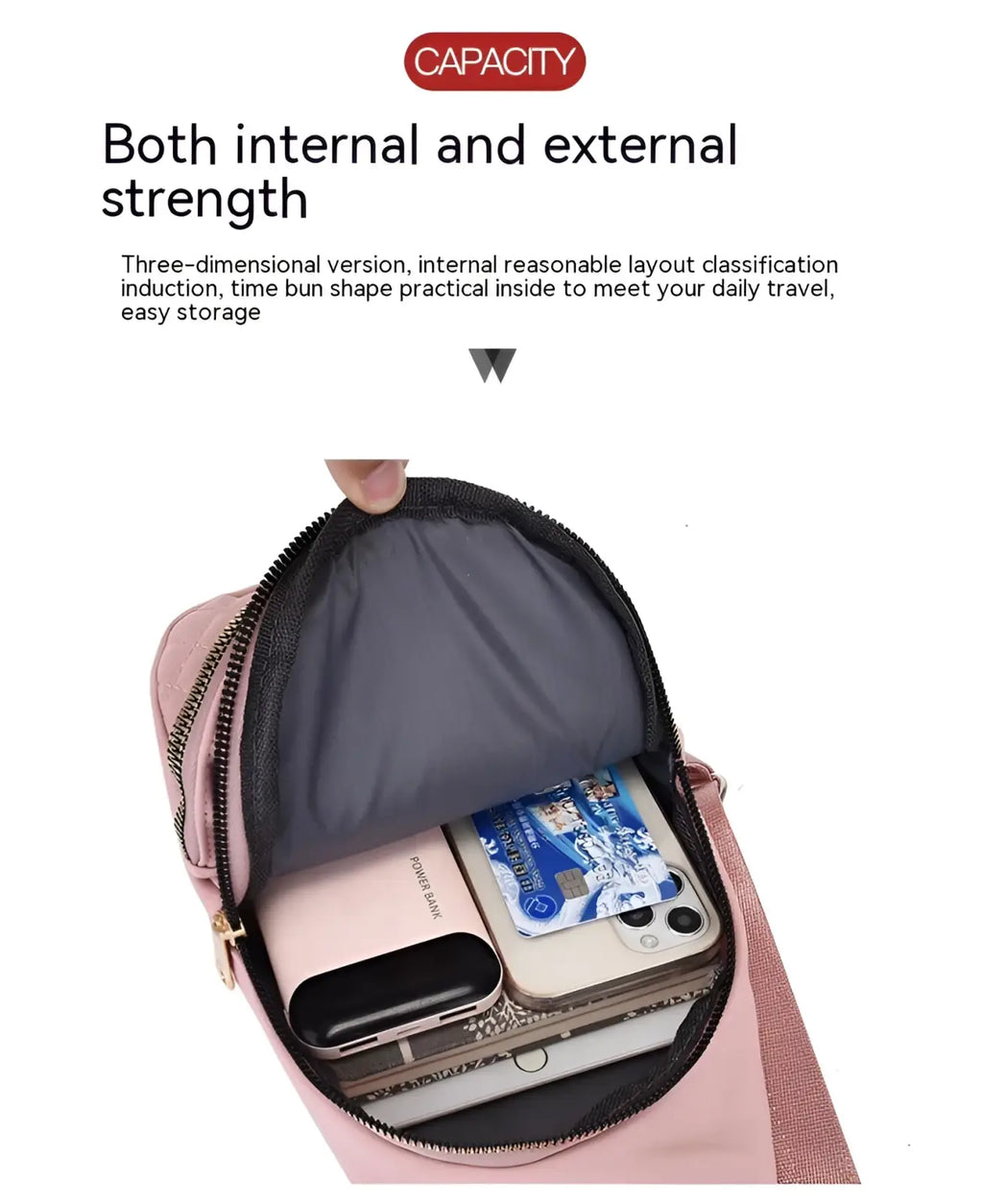 Pink quilted crossbody slanted chest bag for women with gray interior and zipper closure