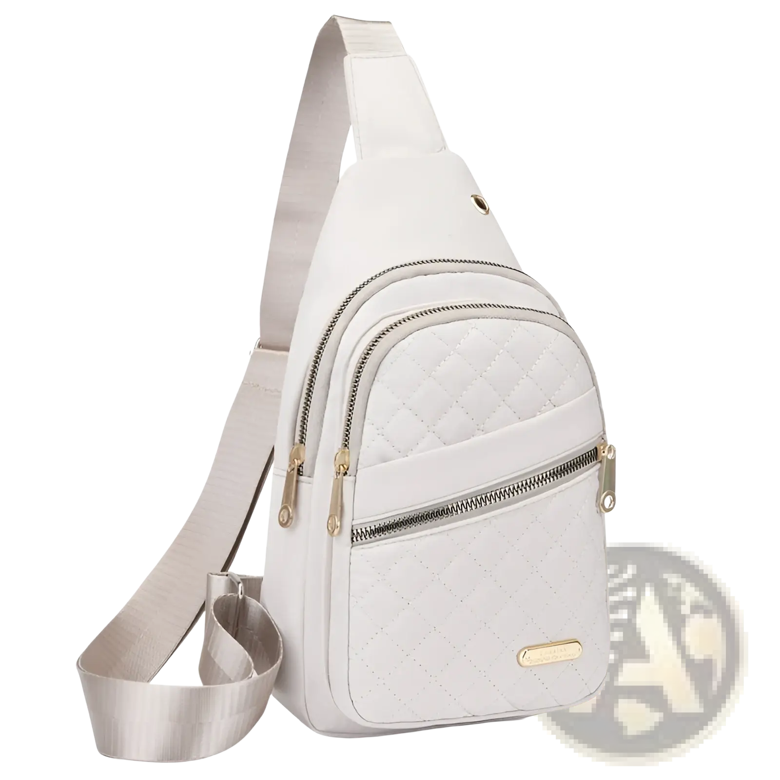 White quilted crossbody slanted chest bag for women with gold-tone zippers and matching adjustable strap