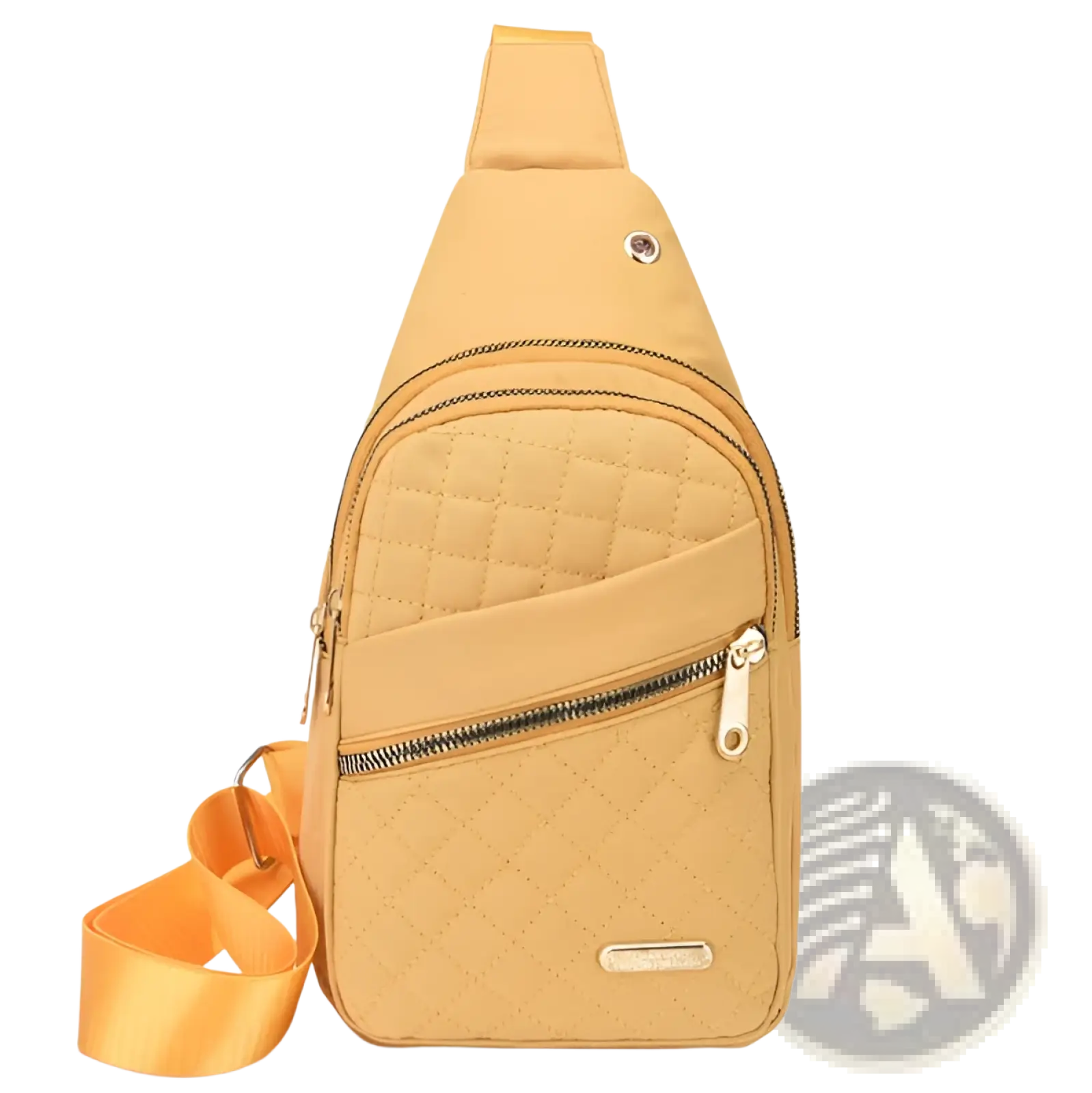 A mustard-yellow quilted crossbody slanted chest bag for women with adjustable strap and gold-tone zippers
