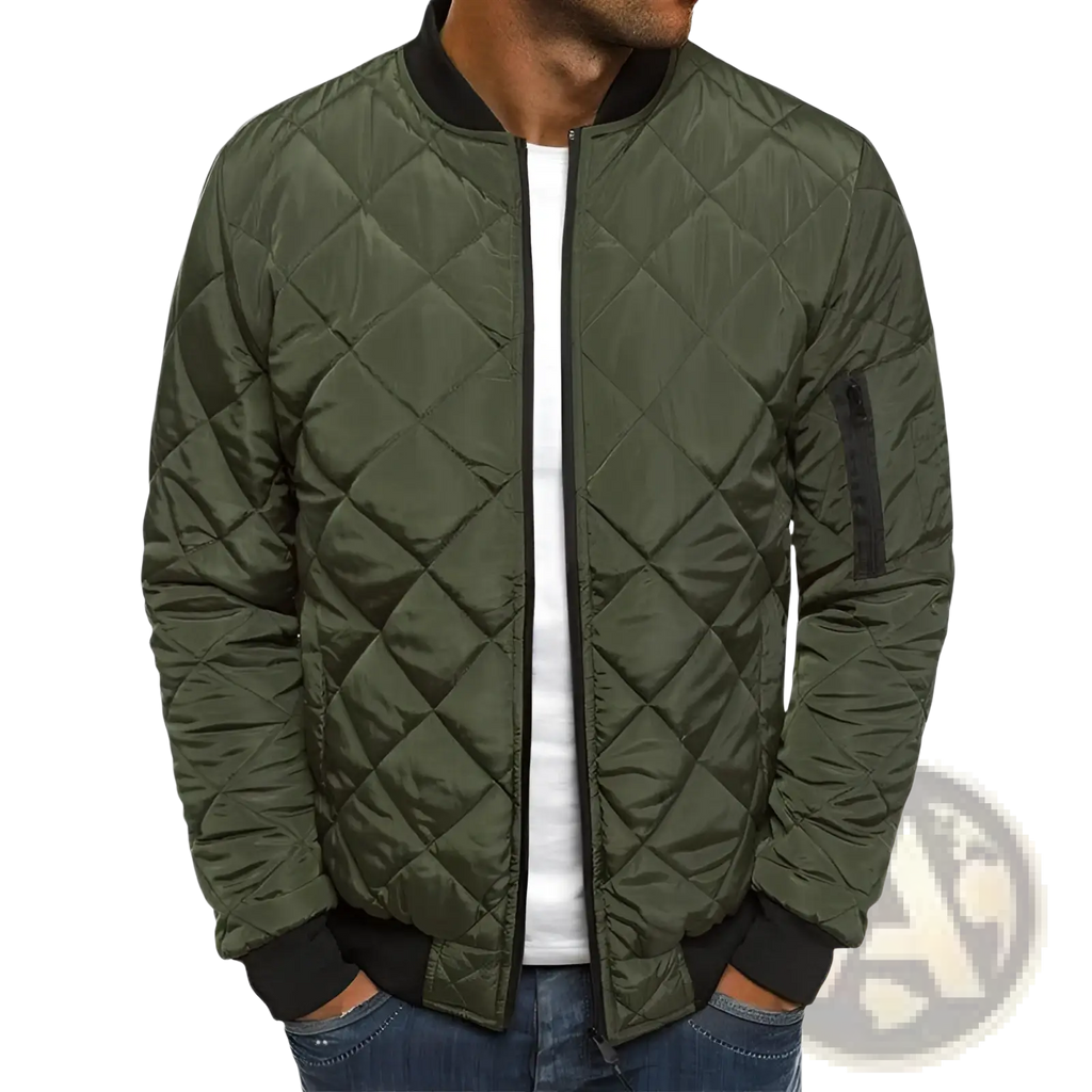 Olive green quilted bomber jacket with black ribbed collar cuffs and sleeve patch featuring diamond stitching