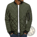 Olive green quilted bomber jacket with black ribbed collar cuffs and sleeve patch featuring diamond stitching