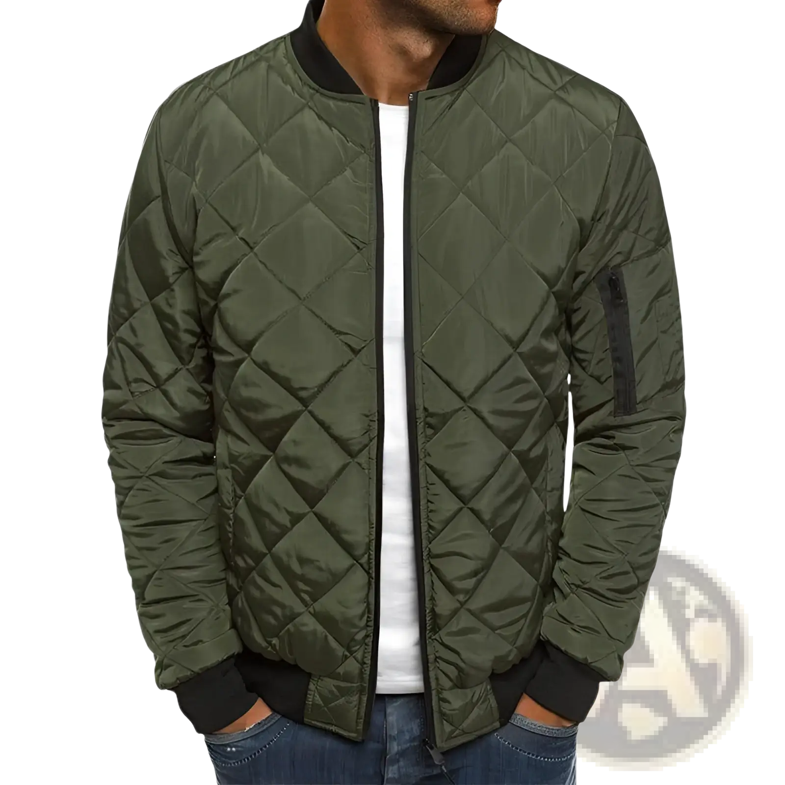 Olive green quilted bomber jacket with black ribbed collar cuffs and sleeve patch featuring diamond stitching