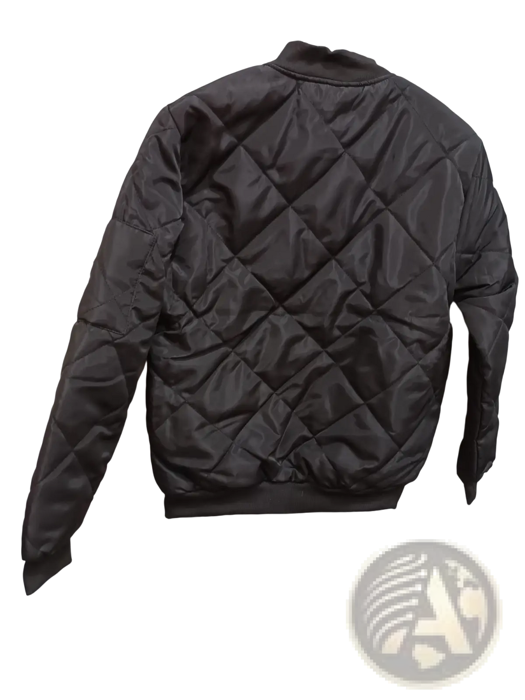 Black quilted bomber jacket with shiny satin finish and diamond-shaped stitching in royal blue color