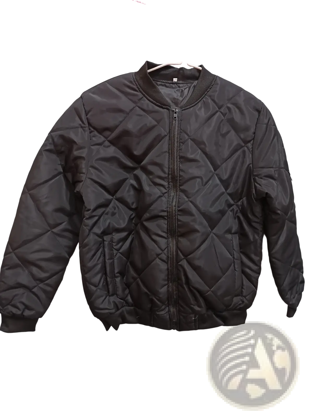 Black quilted diamond bomber jacket with a matte finish and ribbed cuffs in royal blue color