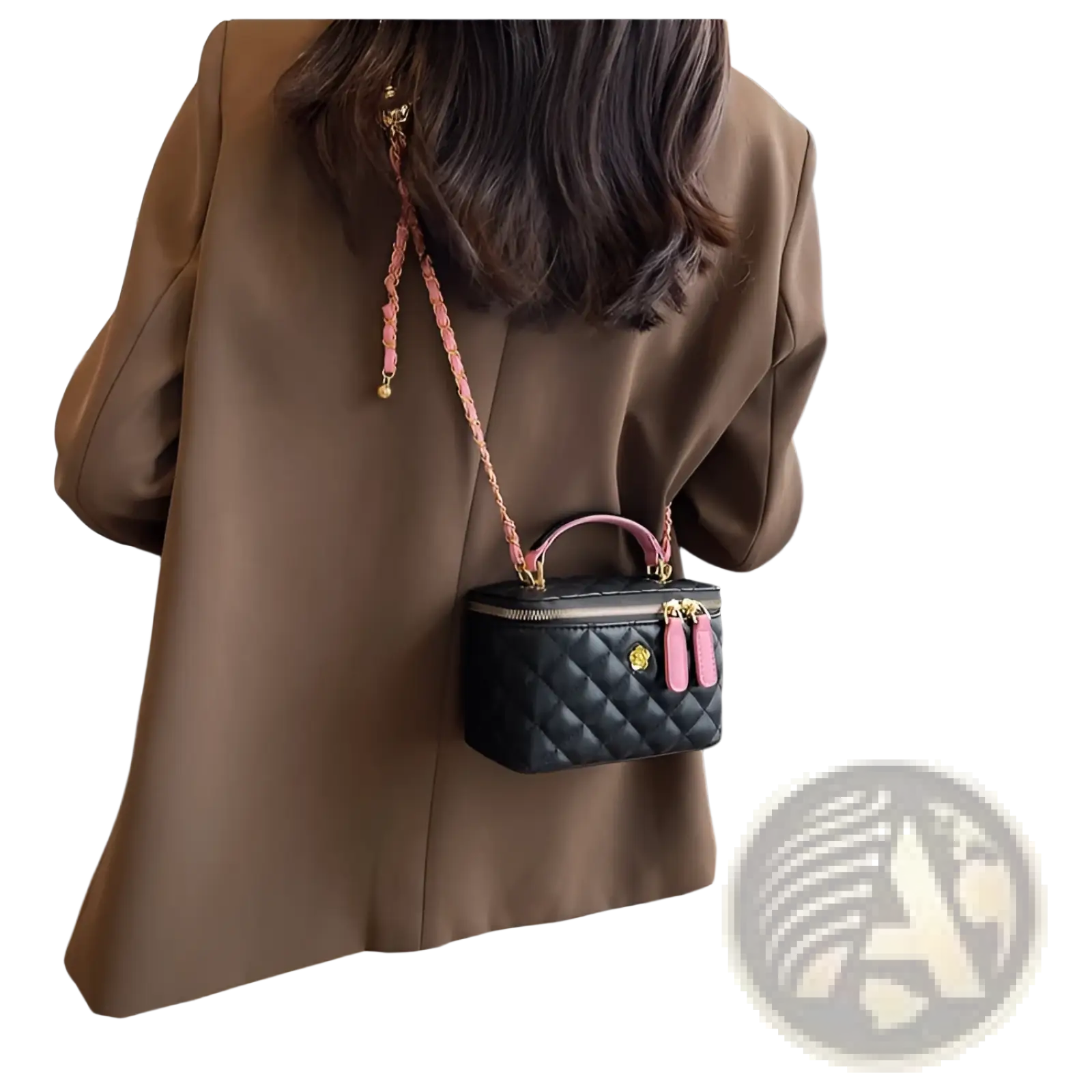 Black quilted diamond crossbody bag made of pu leather with pink braided strap and matching tassels