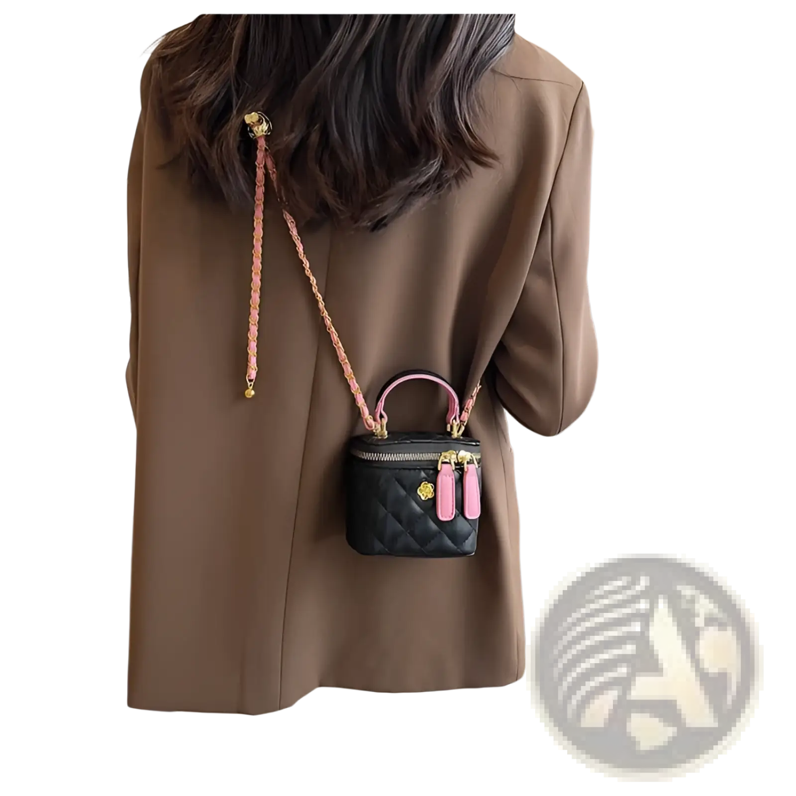 Black quilted diamond chain crossbody mini handbag with pink braided strap and gold-tone hardware in pu leather
