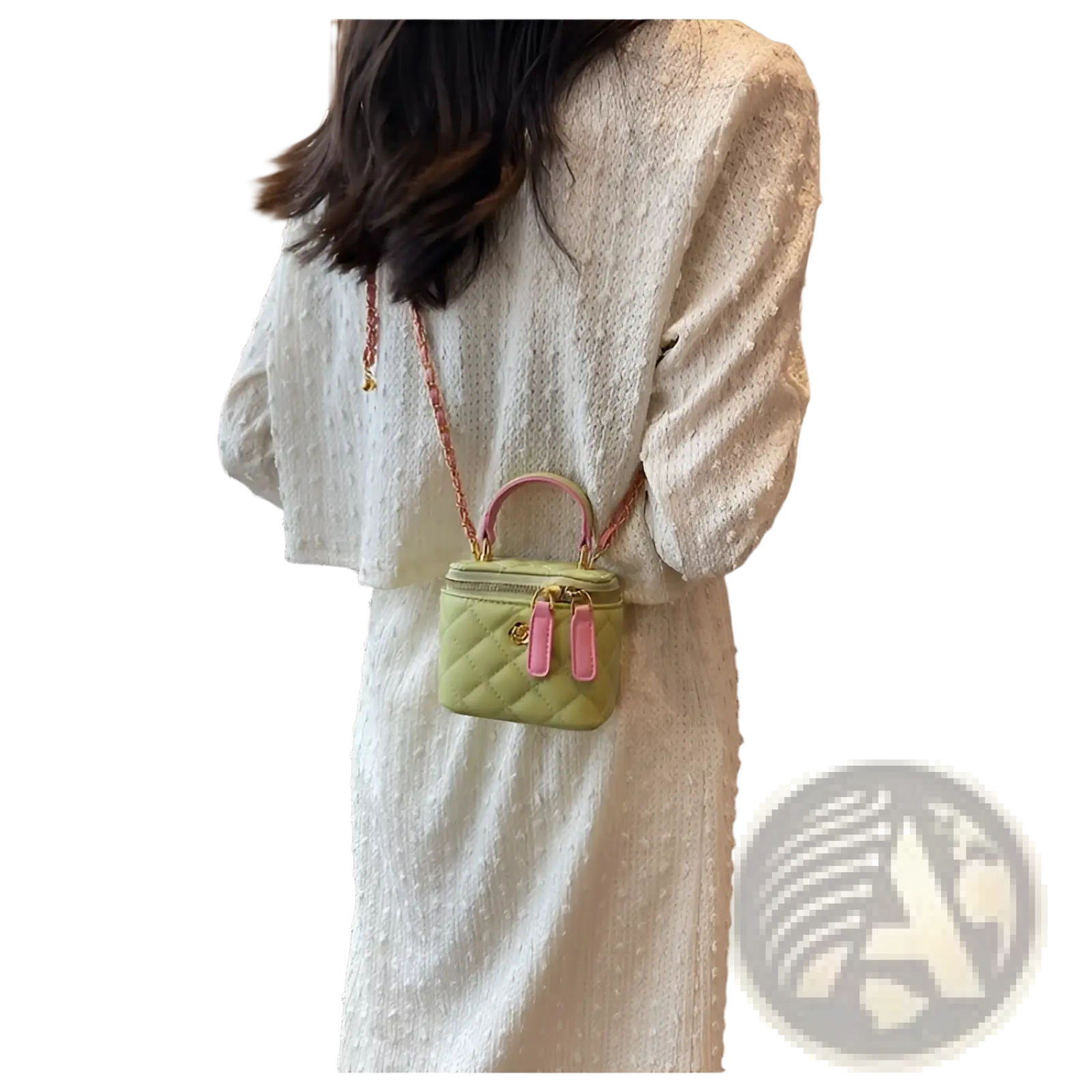Pastel green quilted diamond crossbody bag with pink handles and chain strap made of pu leather