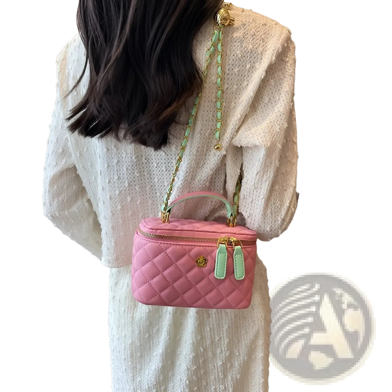 Pink quilted diamond chain crossbody bag with pu leather featuring mint green chain strap and matching tassels