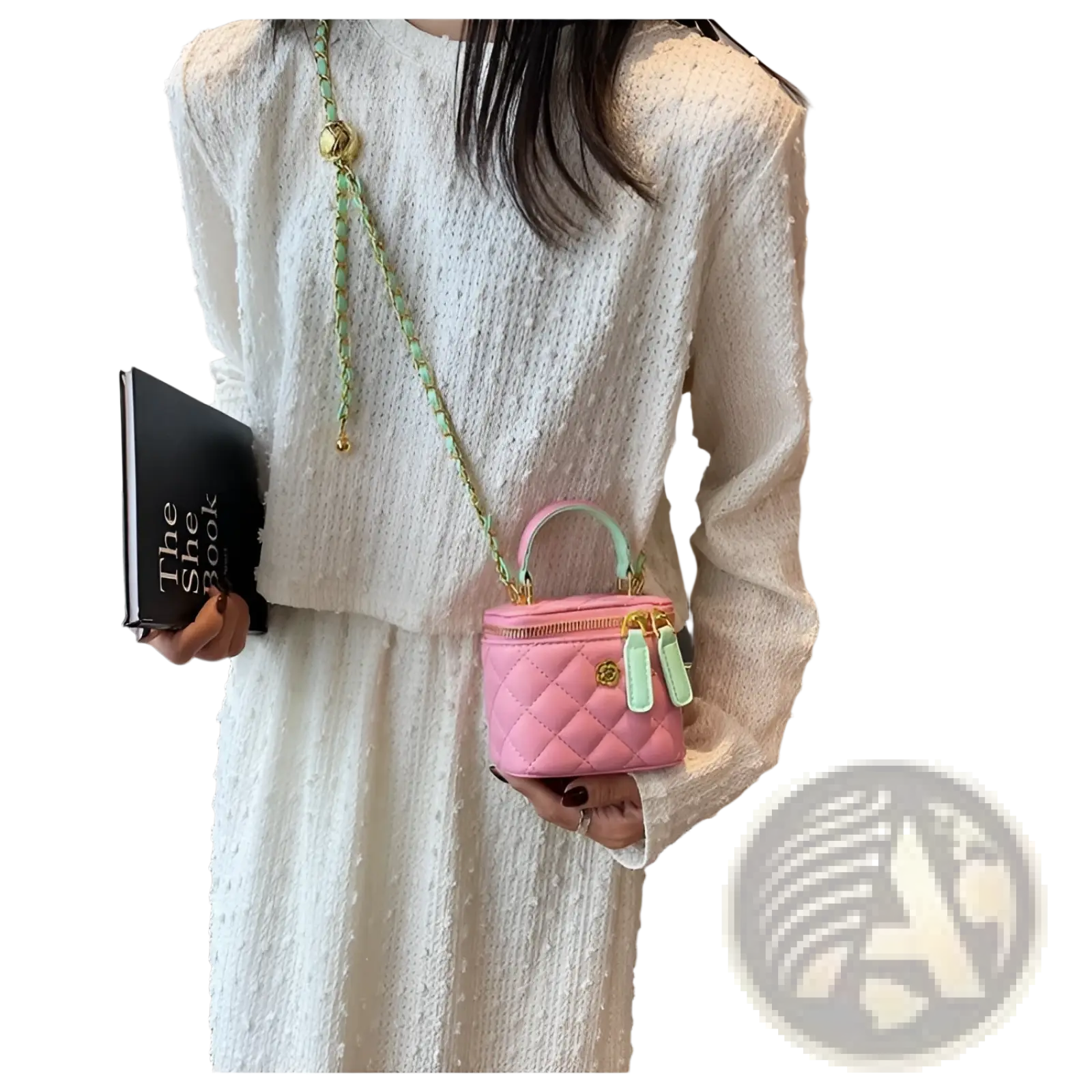 Pink quilted diamond chain crossbody bag with mint green chain strap and pu leather accents