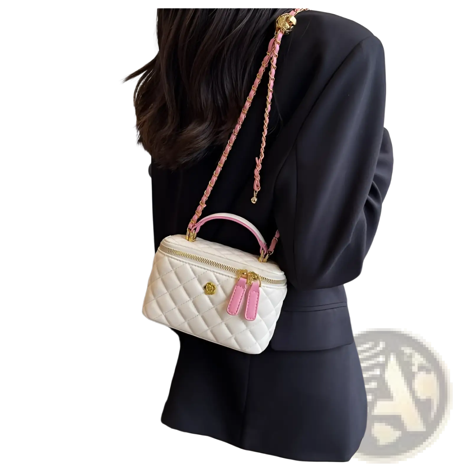 A white quilted diamond chain crossbody bag with pink accents gold hardware and pu leather material