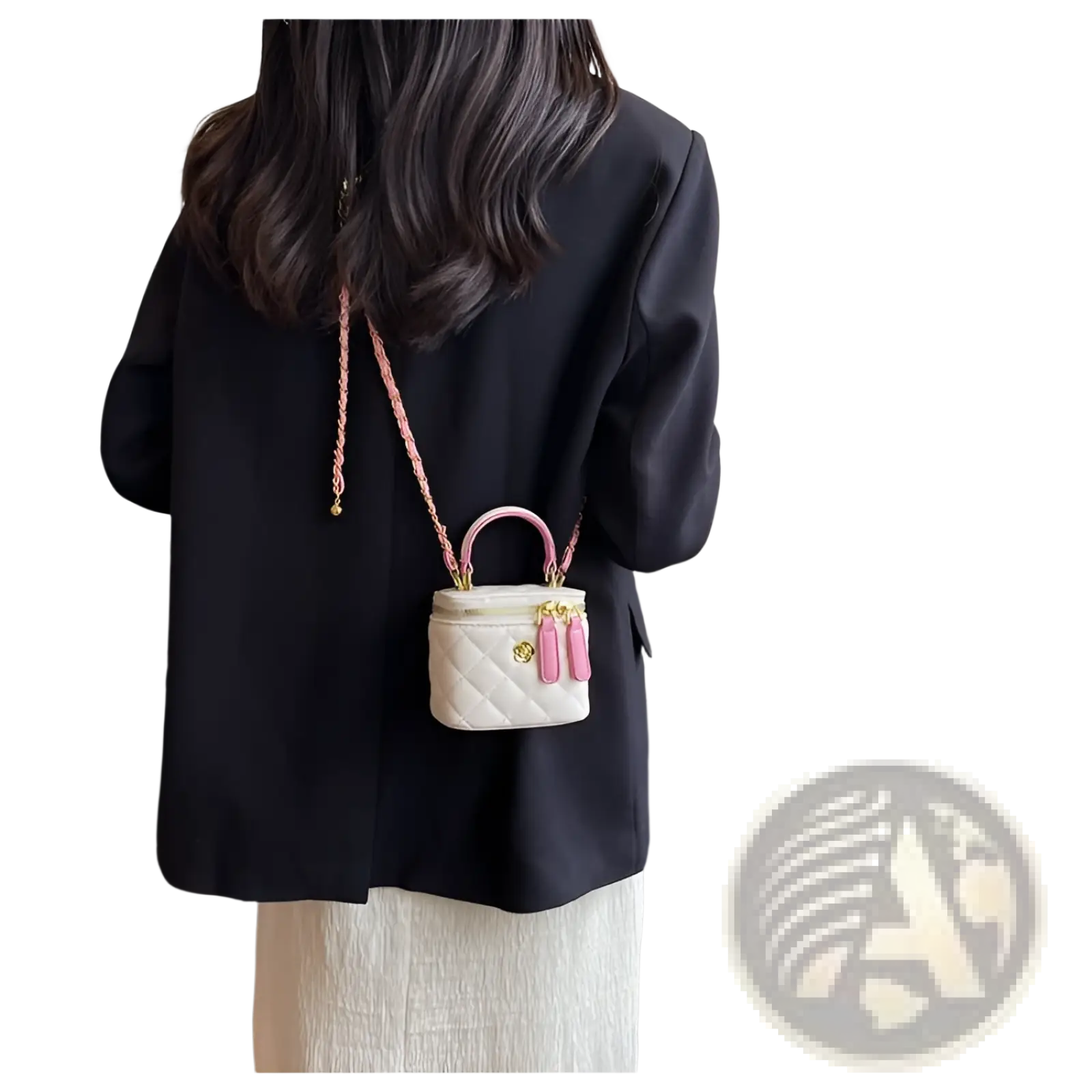 A petite white quilted diamond chain crossbody bag with pink pu leather handles tassels and gold-tone hardware
