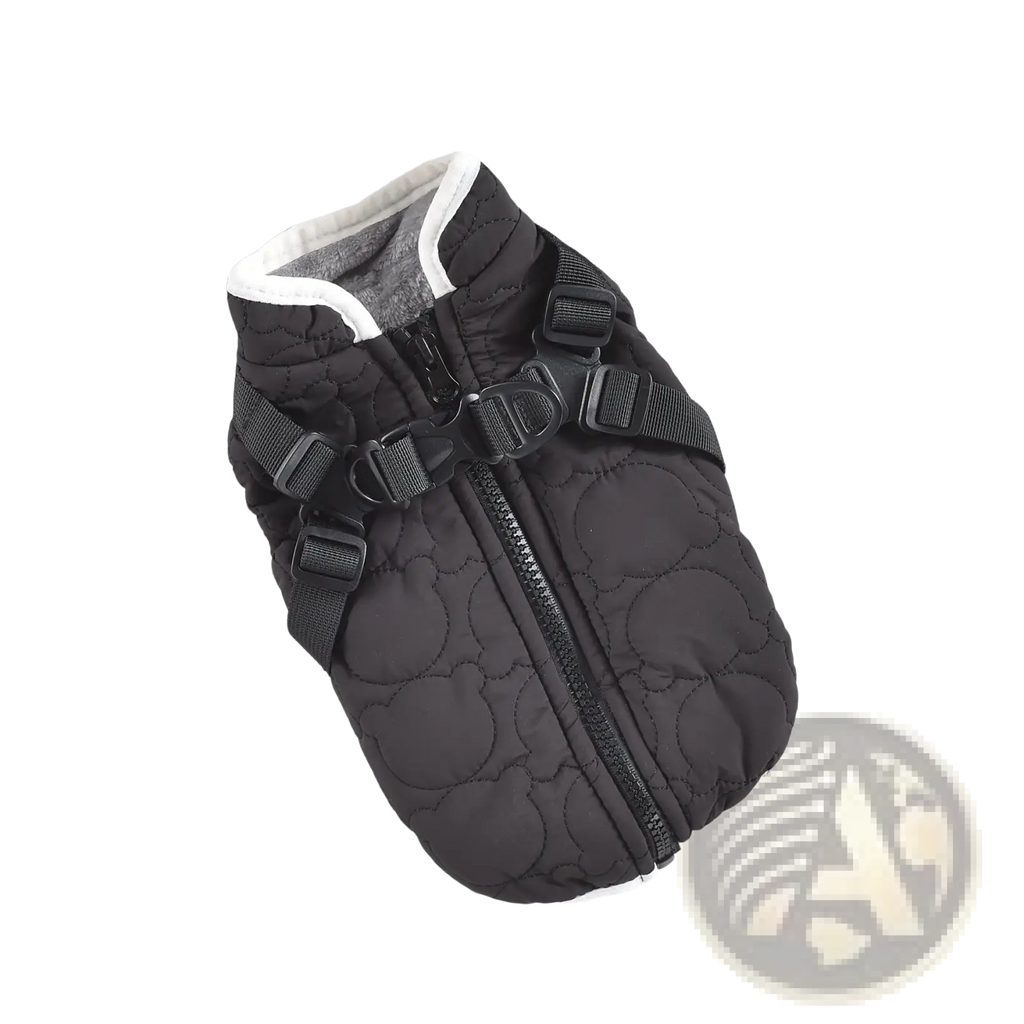 Black quilted dog vest with white trim and adjustable straps designed for windproof warm pet coat use