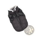 Black quilted dog vest with white trim and adjustable straps designed for windproof warm pet coat use