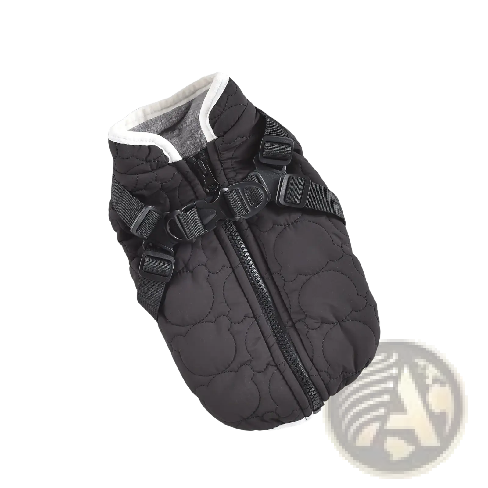 Black quilted dog vest with white trim and adjustable straps designed for windproof warm pet coat use