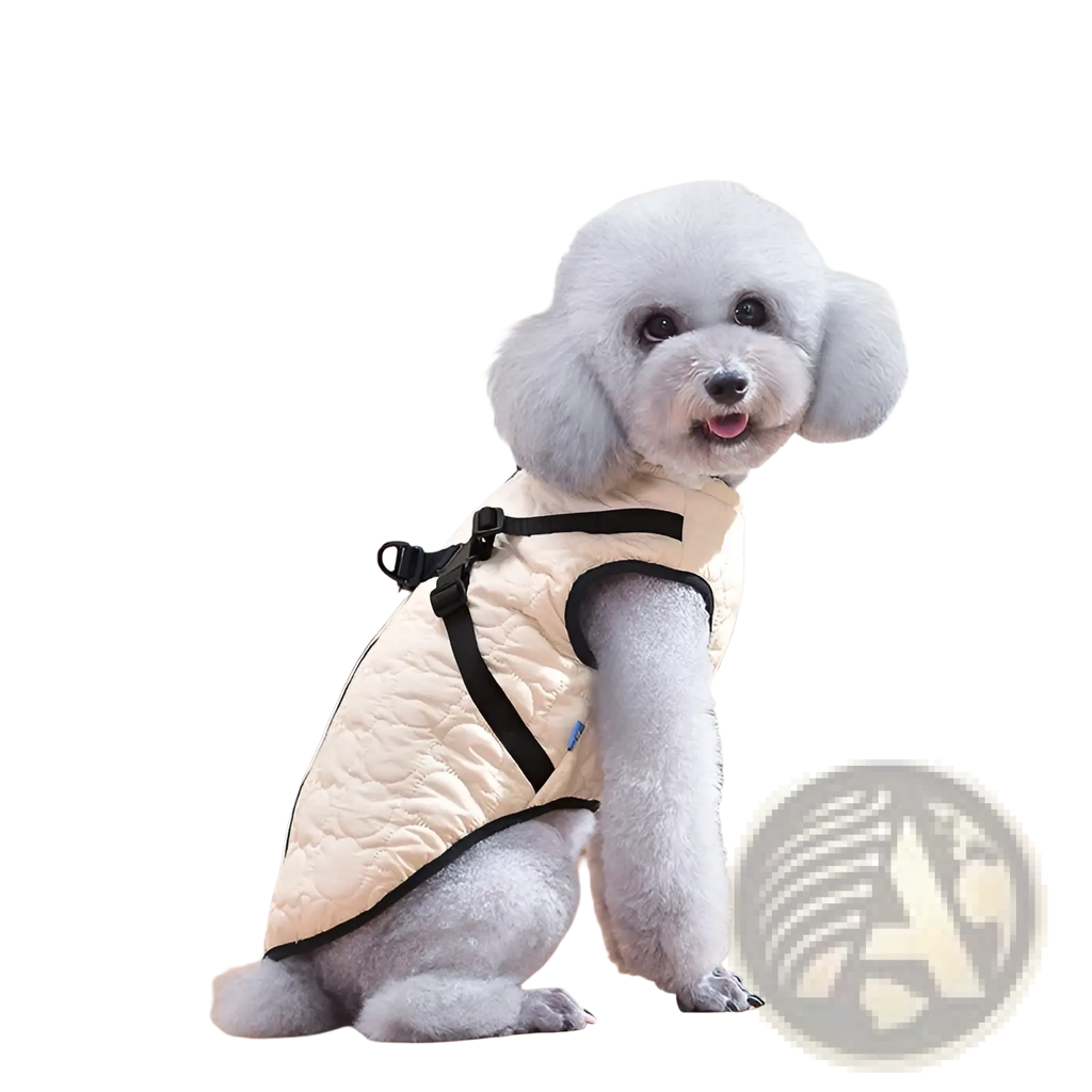 Cream-colored quilted dog vest with black trim and adjustable straps windproof warm pet coat back view