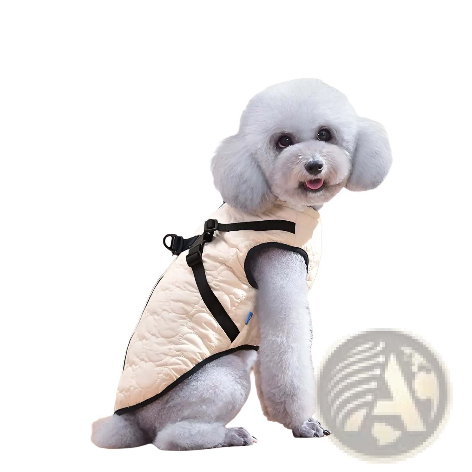 Cream-colored quilted dog vest with black trim and adjustable straps windproof warm pet coat back view