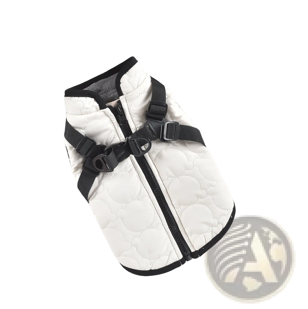 White quilted dog vest with black straps and zippers windproof warm pet coat shown from the back side