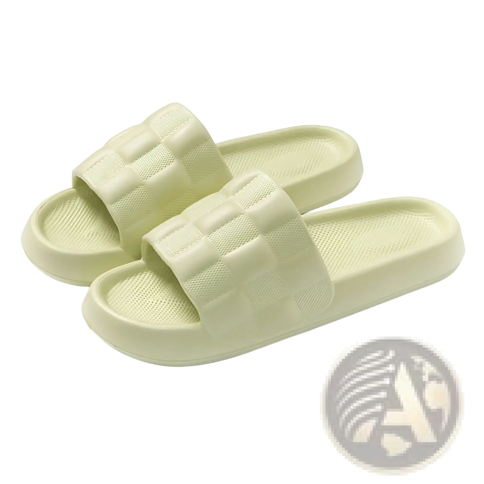 Pair of pale green rubber quilted EVA soft sole breathable slide sandals with textured woven-patterned straps