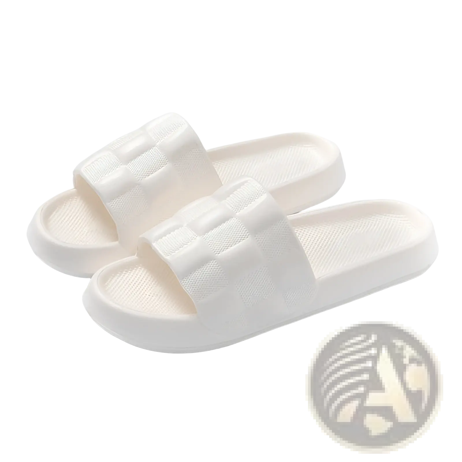 White rubber slide sandals with a textured quilted strap design and eva soft breathable sole for comfortable wear