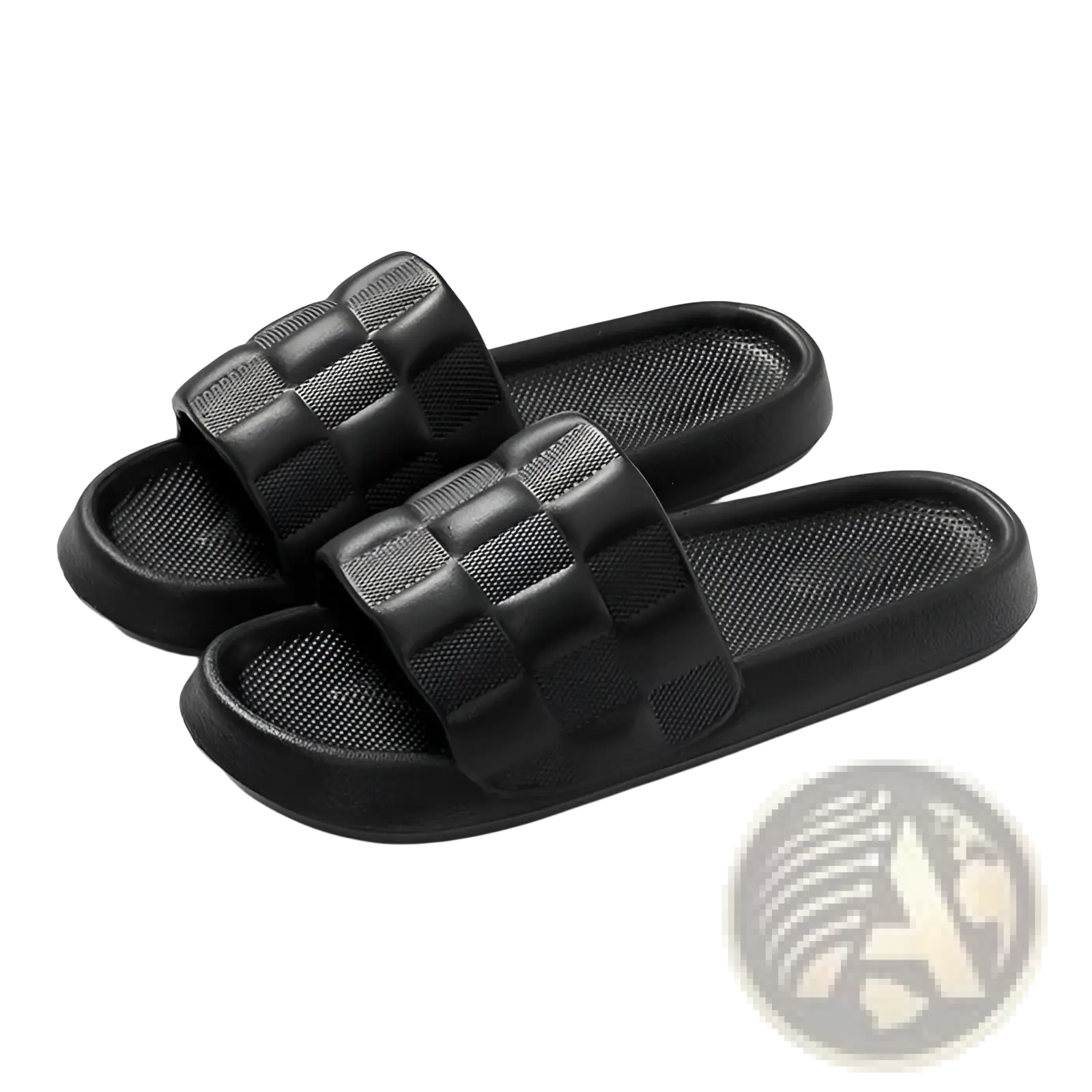 Black rubber slide sandals with quilted EVA soft sole strap designed for breathability and comfort
