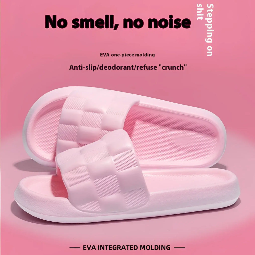 Pink quilted eva slide sandals with checkered strap pattern and textured soft breathable sole