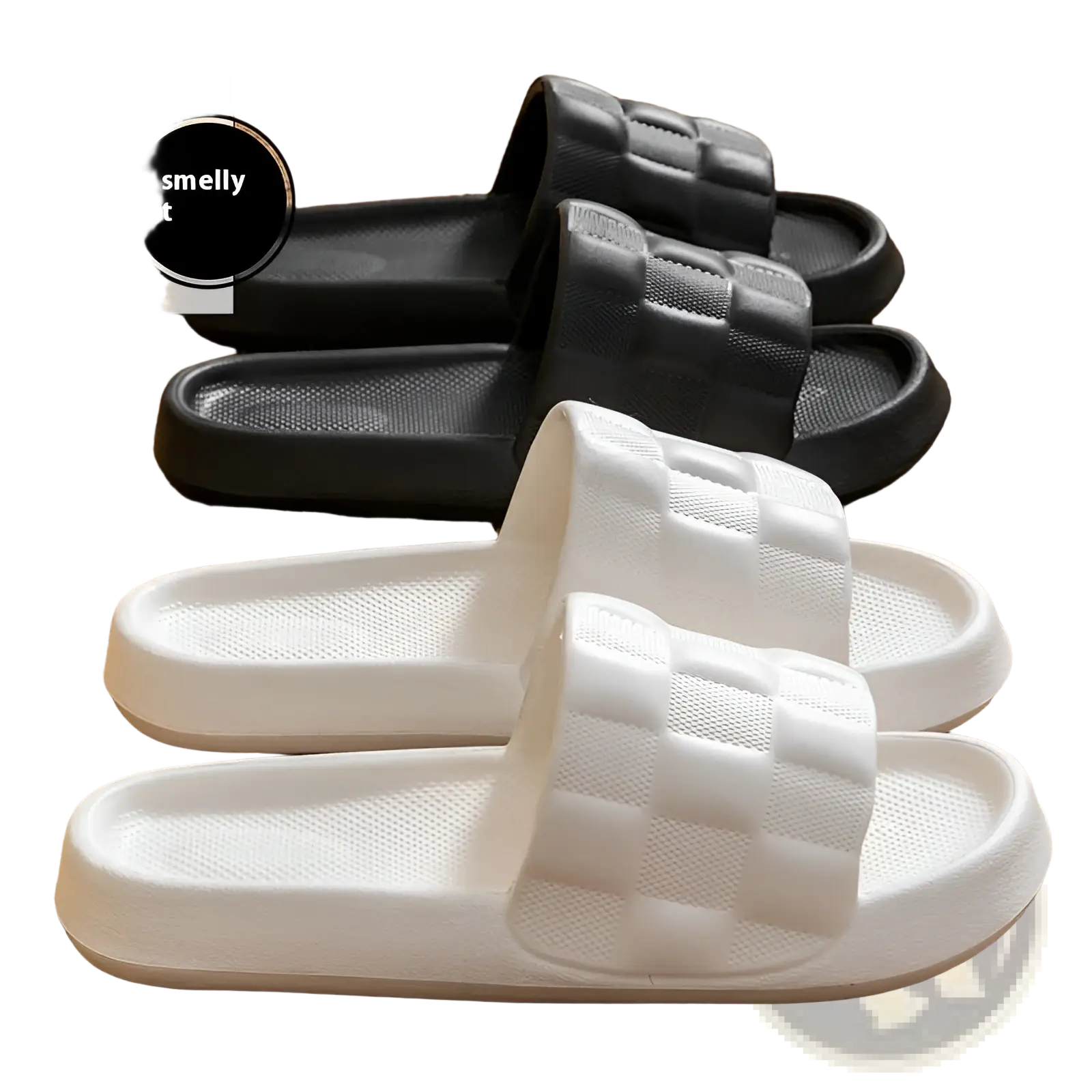 White and black quilted eva slide sandals with soft breathable sole and textured strap for comfortable wear