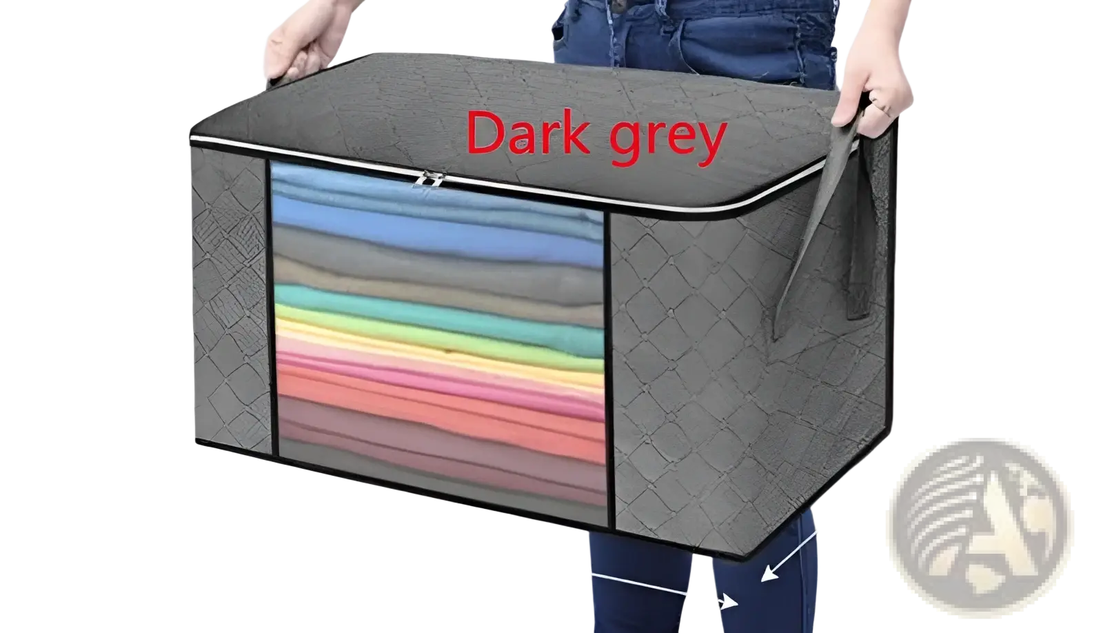 Dark grey quilted fabric clothes storage bag with zipper closure and carrying handles for organized storage