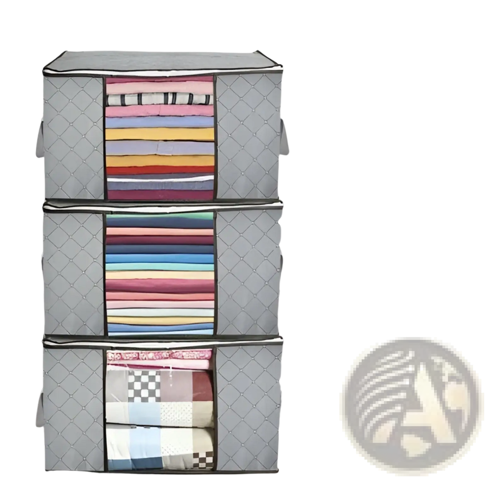 Quilted fabric clothes storage bags three pack set in gray with diamond pattern and reinforced seams for durable use