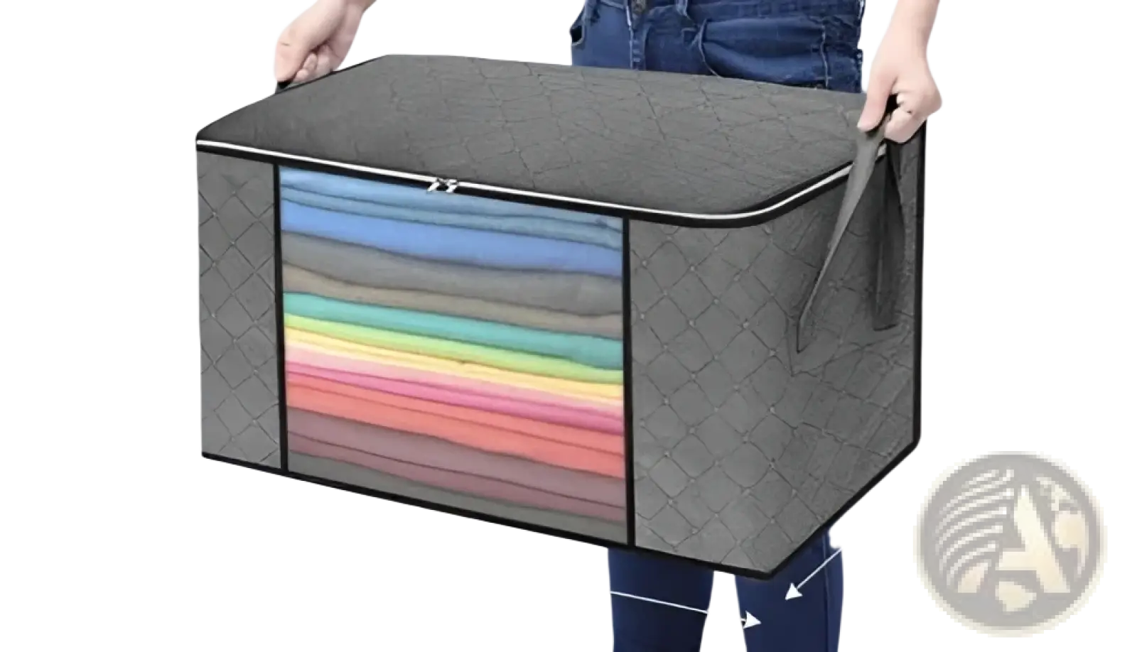 Gray quilted fabric clothes storage bag with zipper closure and handle designed for neatly folded laundry