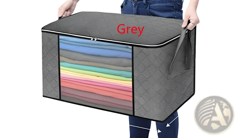 Grey quilted fabric clothes storage bag with zipper closure and carrying handle for organized garment storage