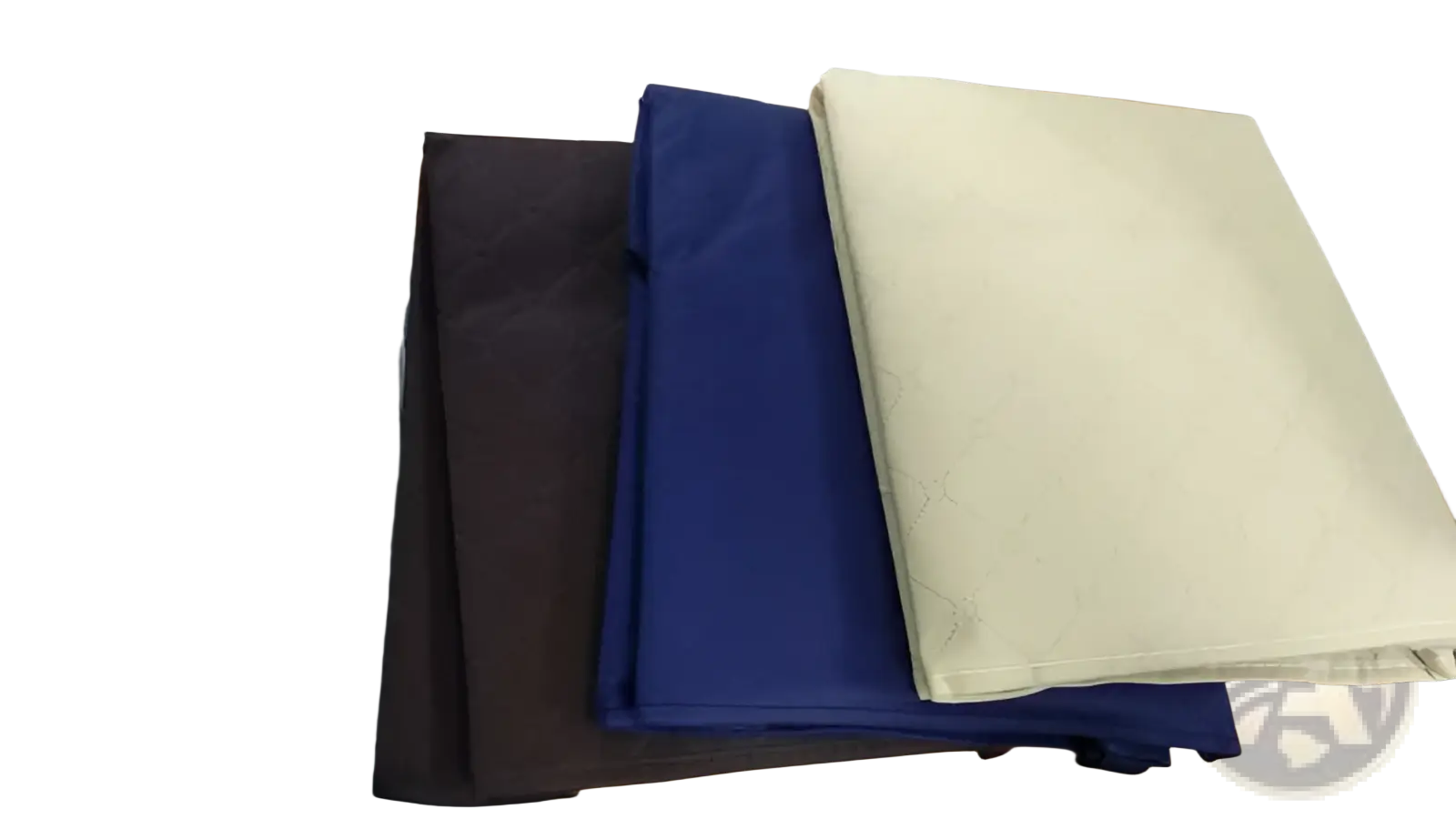 Stacked dark gray black navy blue and cream quilted fabric clothes storage bags with subtle textured patterns 3 pack set